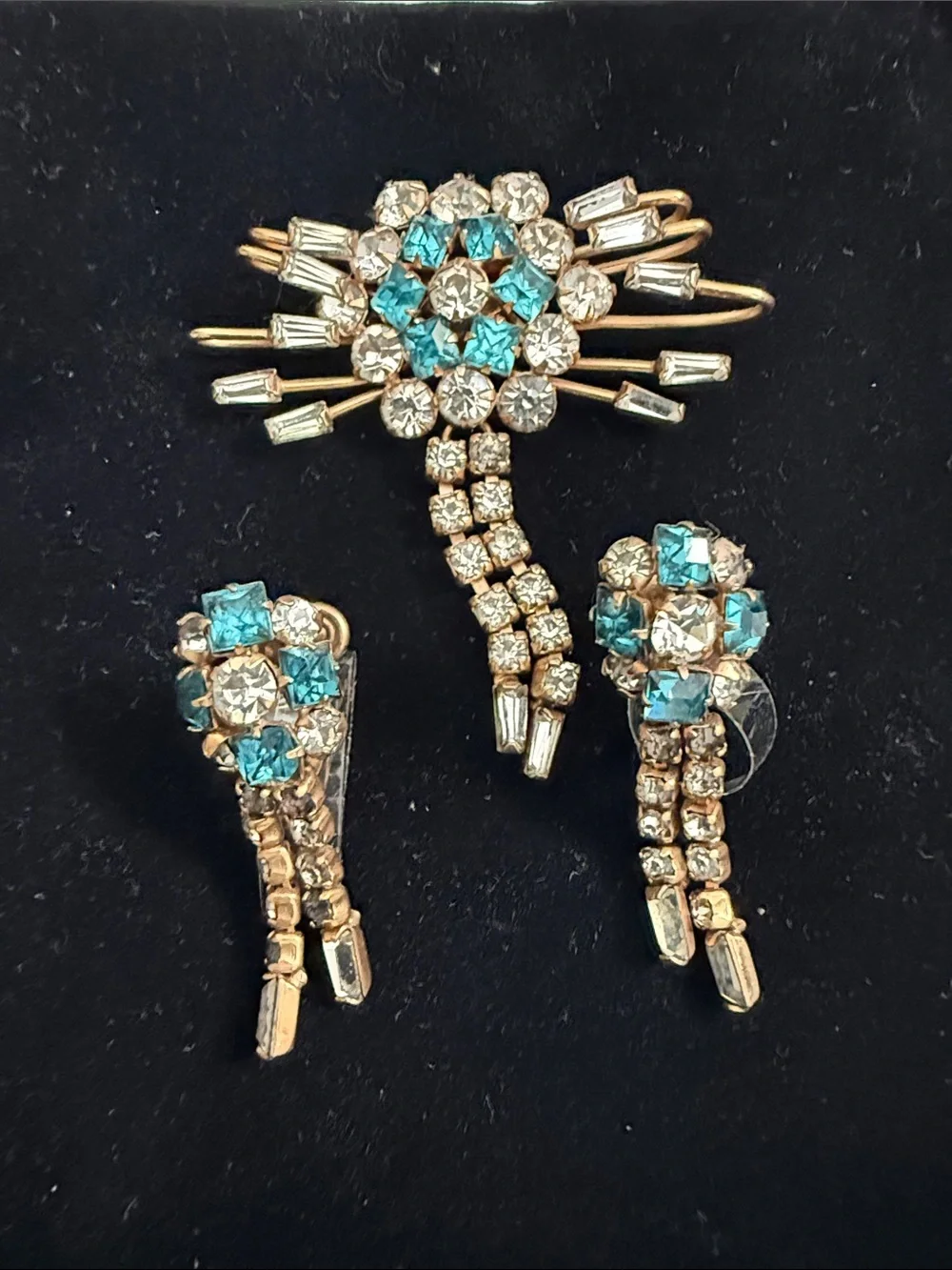 Phyllis Vintage Gold Blue Crystal Brooch and Earrings Set